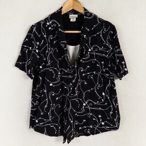 Modern Essentials Shirt Womens Sz Medium Black White Floral 2 In 1 Layered Look